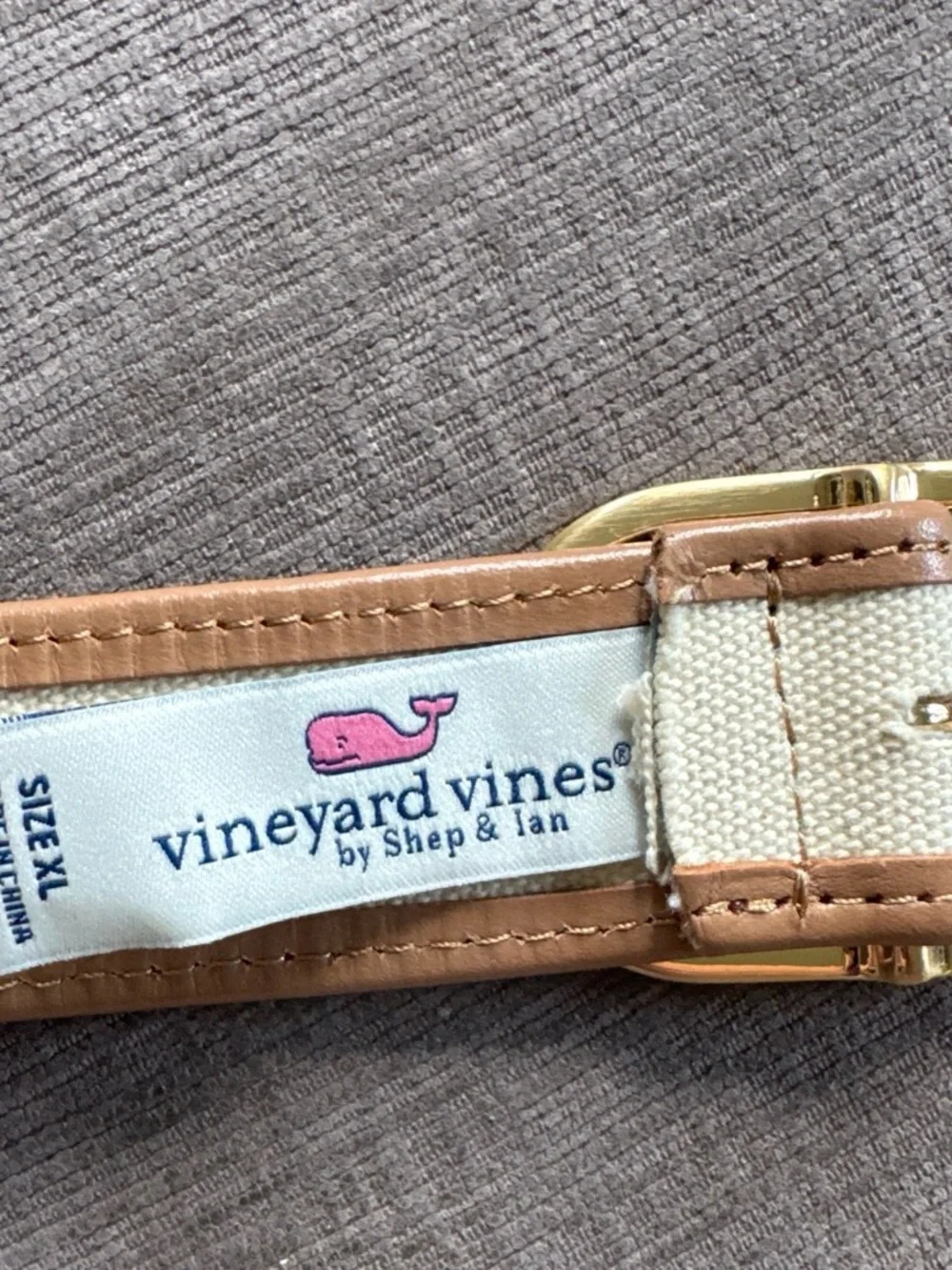 Vineyard Vines Tan Leather-Trim Canvas Belt with Pink Whale